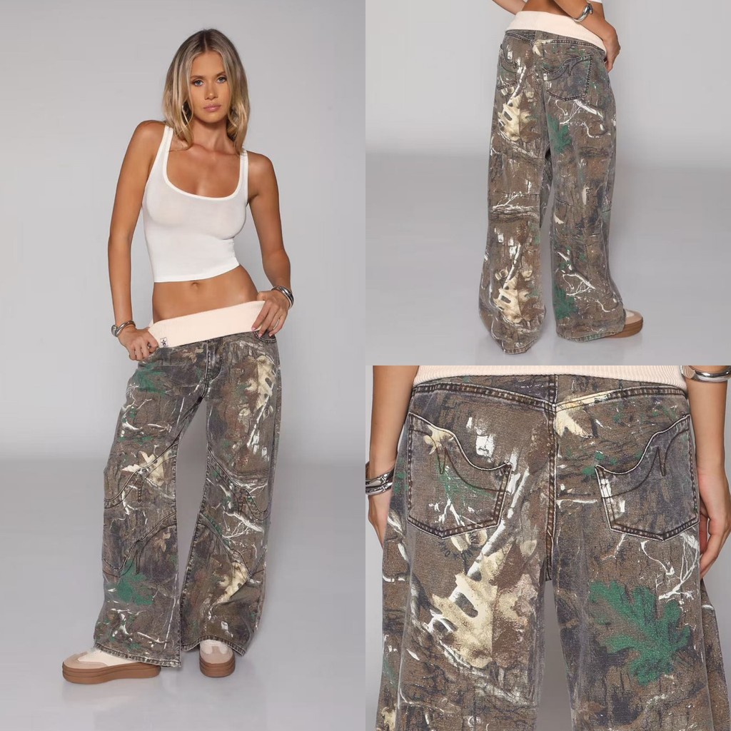 Redm Ribbed Waist Straight-Leg Pants, Vintage Camouflage Wide-Leg Jeans, All-Season Jeans, Loose