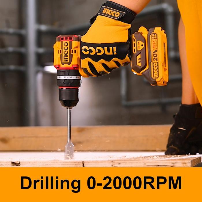 Ingco 20V 66Nm Bor Impact Cordless Kompak Tanpa Sikat 2 Kecepatan Dengan 2 Pcs Paket Baterai 2.0Ah,
