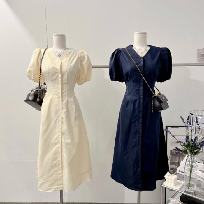 Amanda Korean Dress V-Neck // Midi Dress Korea // Dress Korset // Dress Tali // Dress Casual V-Neck