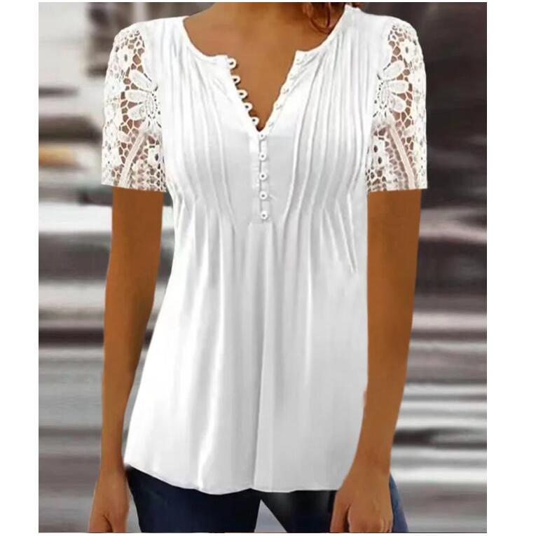 Blus Wanita Lengan Pendek V-Neck Lace Motif Bunga Longgar Nyaman untuk Musim Panas dan Semi