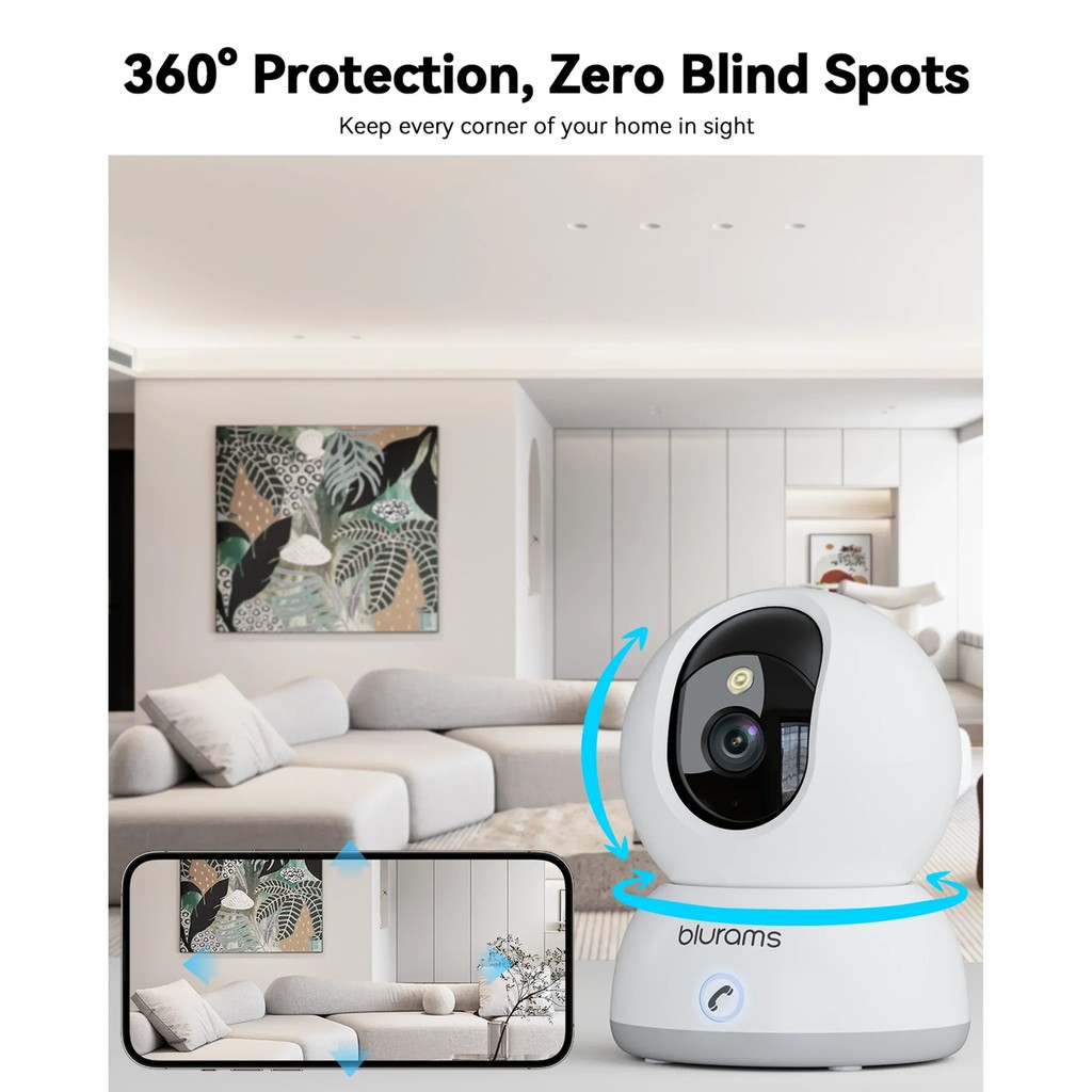 Blurams 4K Indoor Camera, 360 Panoramic Home Security Cam with App, 2-Way Talk, One-Touch Call,