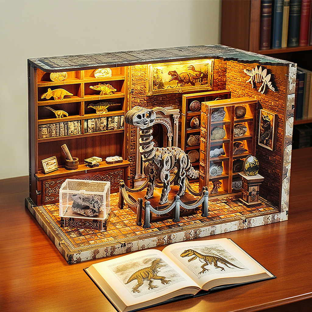 3d wooden puzzle for adults Dinosaur Laboratory book nook with lights model kit dollhouse DIY