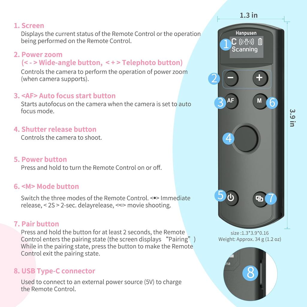 BR-E1 Wireless Remote Control Camera Shutter Release for Canon EOS R1 R3 R5 R5II R5C R6 R6II R7 R8