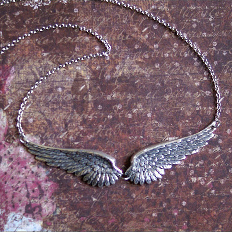 Vintage Silver Color Angel Wings Feather Choker Big Pendant Link Chains Statement Necklace for Women