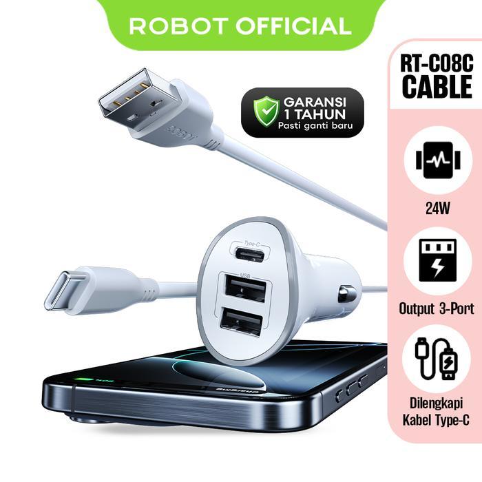 ASLI ROBOT RT-C08C/RT-C08M Adaptor Car Charger 3Port 24W Adapter Charger Mobil Fast Charging Type-C
