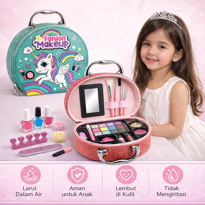 Mainan Make Up Anak Perempuan Unicorn 15PCS + Tas Kosmetik Aman Bisa Dicuci Air Nail Polish Peel Off