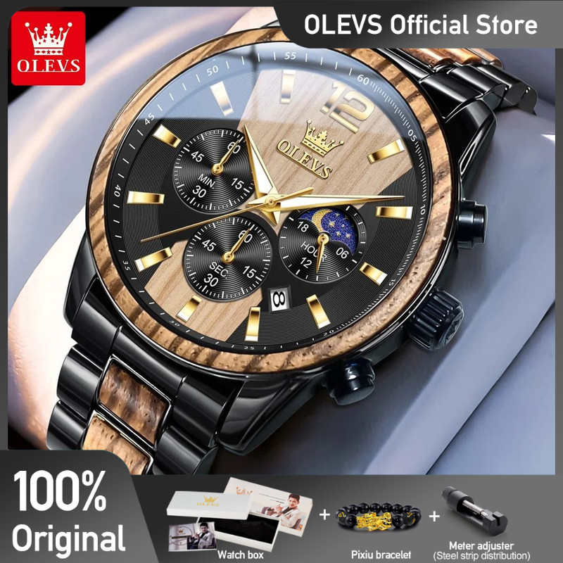 OLEVS 3645 Mens Watch Top Brand Business Original Quartz Watch Solid Wood Multifunctional