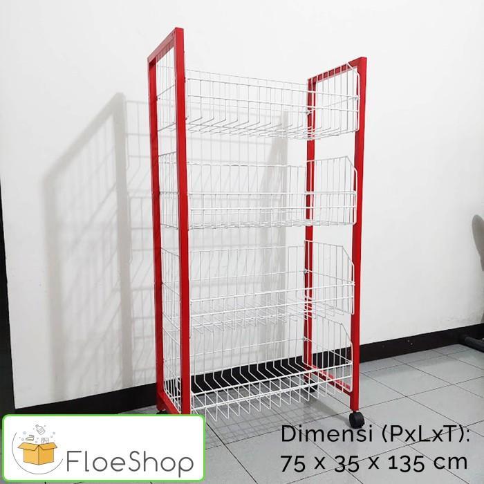 Rak Chiki/Rak Ciki/Rak Snack Warung/Rak Serbaguna Display Pajangan Jumbo Tebal 4 Susun + Roda