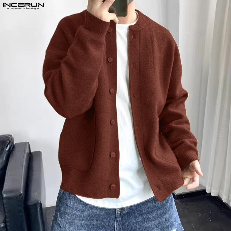 INCERUN Men Sweaters Solid Color O-neck Long Sleeve Knitted Cardigan Men Streetwear Korean Style