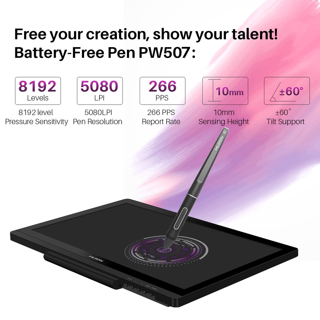 HUION Battery-Free Pen PW507 2 Express Keys Digital Stylus for Drawing Tablet Monitor Kamvas Pro 12/