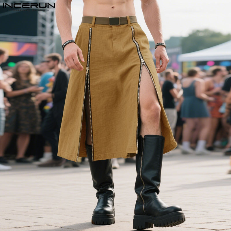 INCERUN Men Skirts Loose Button Zipper Solid Color Casual Men Bottoms Trousers Streetwear