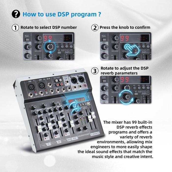 Tntgmusic- Morefand Mixer Audio 4 Channel Mixer Audio Mendukung Bluetooth /Usb/Pc/Mp3 Bernyanyi