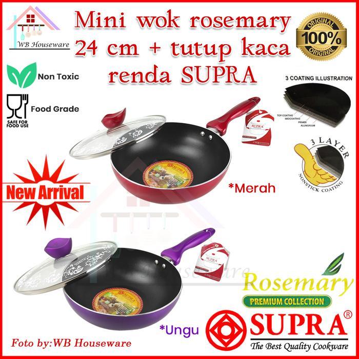 Supra panci mini wok 24cm + tutup kaca / penggorengan anti lengket / wajan gagang warna ungu dan