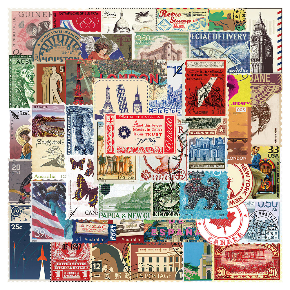50Pcs Retro Travel Stamp Sticker Pack Retro Postmark Series Handheld Diary Diy Material Decoration