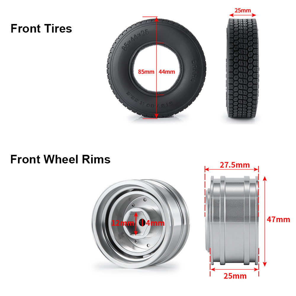 MIBIDAO Metal Front / Rear Wheel Hub Rubber Tyre For Tamiya 1/14 RC Tractor Truck Car Wheel Tires Pa