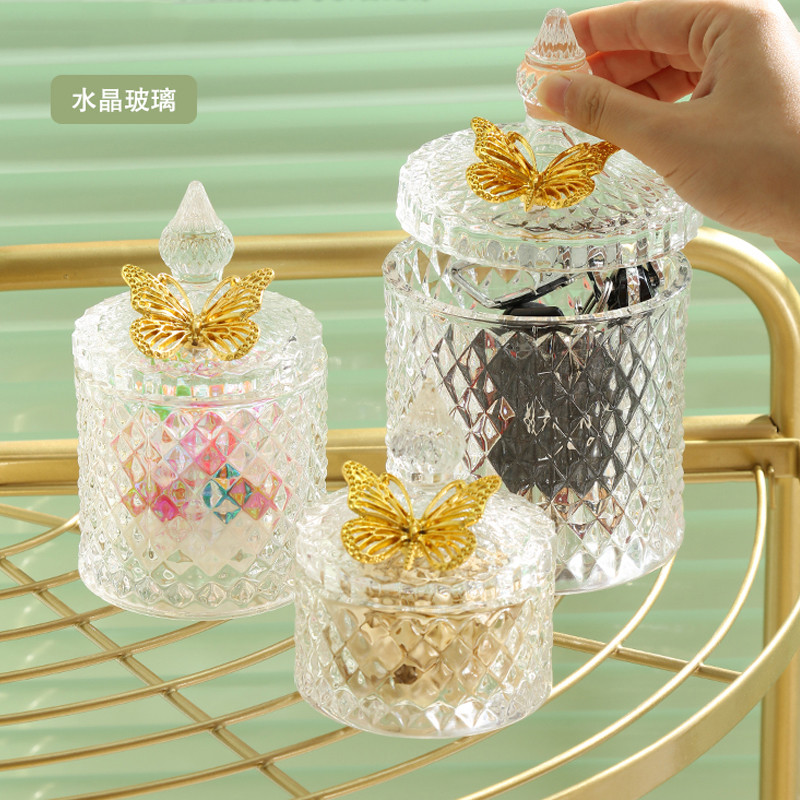 Diamond Glass Candy Jar Household Candle Jar Butterfly Lid Storage Jar Decorative Box Desktop Orname
