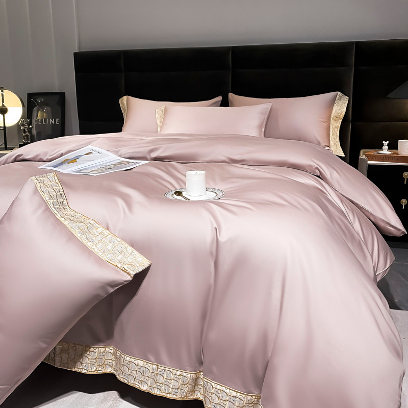 High End Pink Egyptian Cotton Bedding Sets Luxury Golden Letter D Embroidery Duvet Cover Bed Sheet P