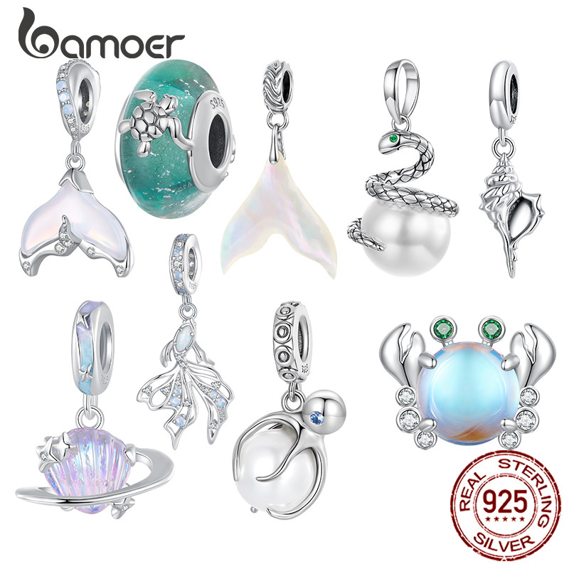Banoer 925 Sterling Silver Mermaid Tail Pendant Snake Pearl Charm Crab Conch Beads Original Necklace