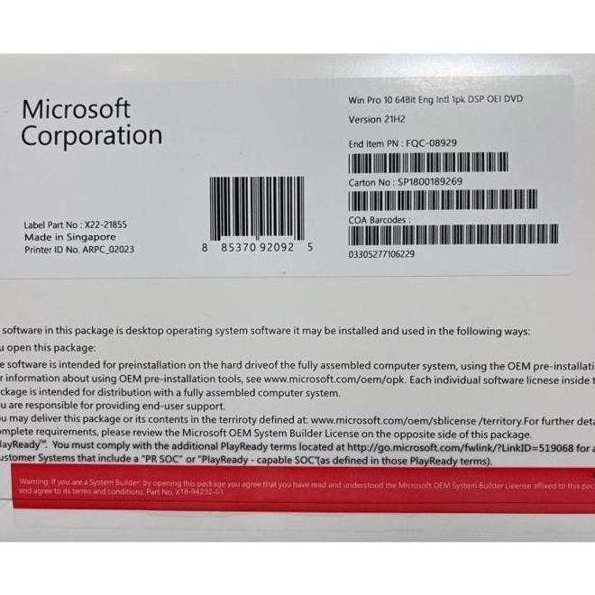 original lisensi Windows 10 Professional 64 BIT OEM Original Lifetime