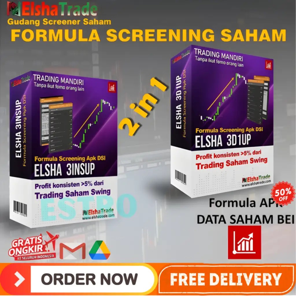 Combo 2in1 ELSHA 3D1UP-3INSUP Formula Screening Trading Saham Swing Rumus Screener Apk Aplikasi DSI 