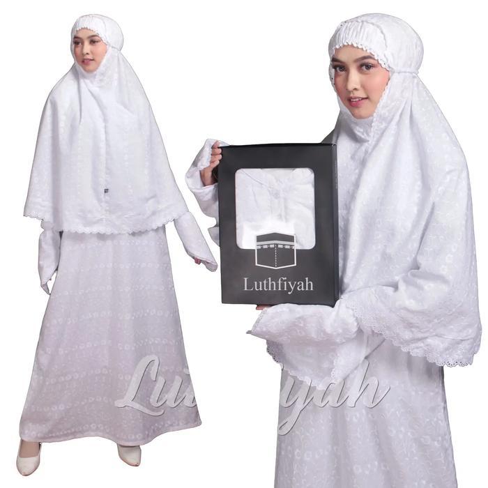 Satu Set Baju Ihram Wanita / Gamis Putih Umroh Katun Jepang / Bergo Sarung Tangan Polos Putih Bunga