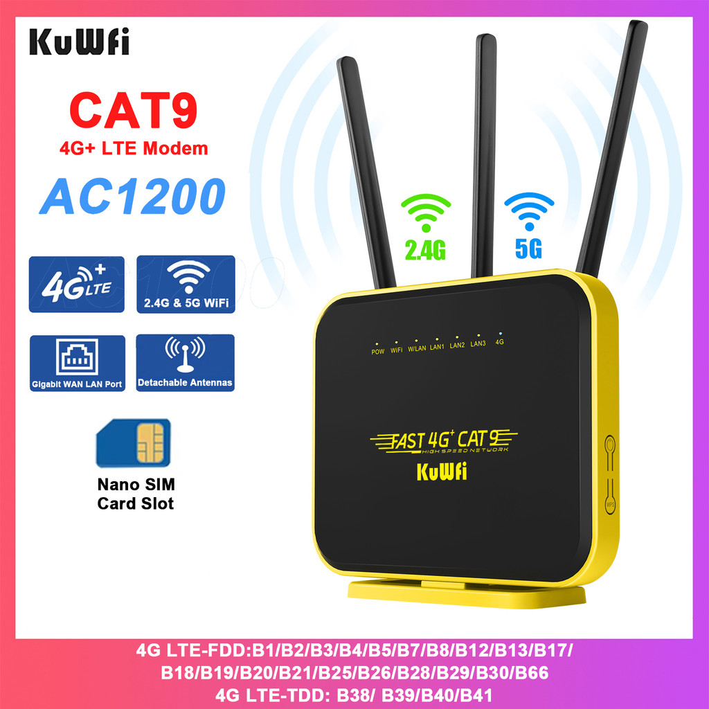 Kuwfi Cat9 4G+ Router 1200Mb 2.4G 5Ghz Wifi Router 4G Lte Em Gigabit Wan Lan Port Usim Ap Repeater