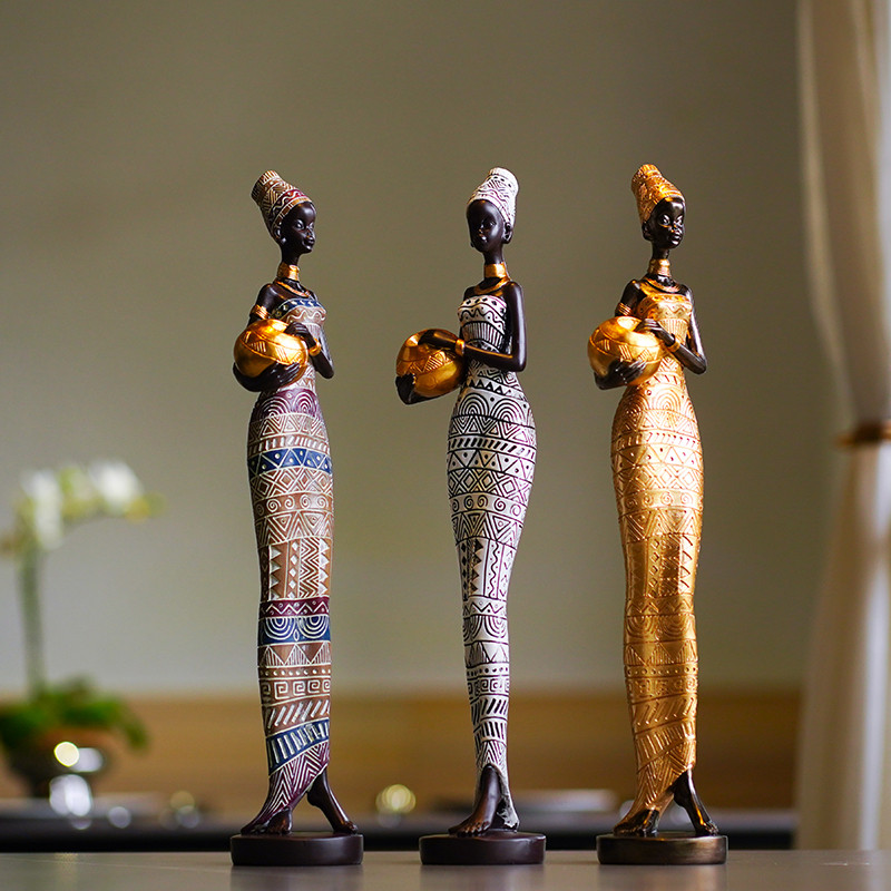 SAAKAR Resin Painted Black Statue Decor Figurines Retro African Women Holding Pottery Pots Home Bedr