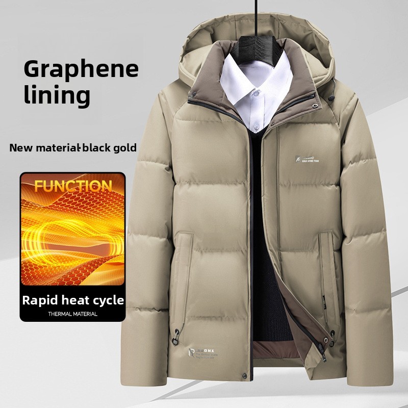 Men's Thickened Cotton Jacket Graphene Inner Warm Winter Outerwear Business Casual Fit Hooded Coat