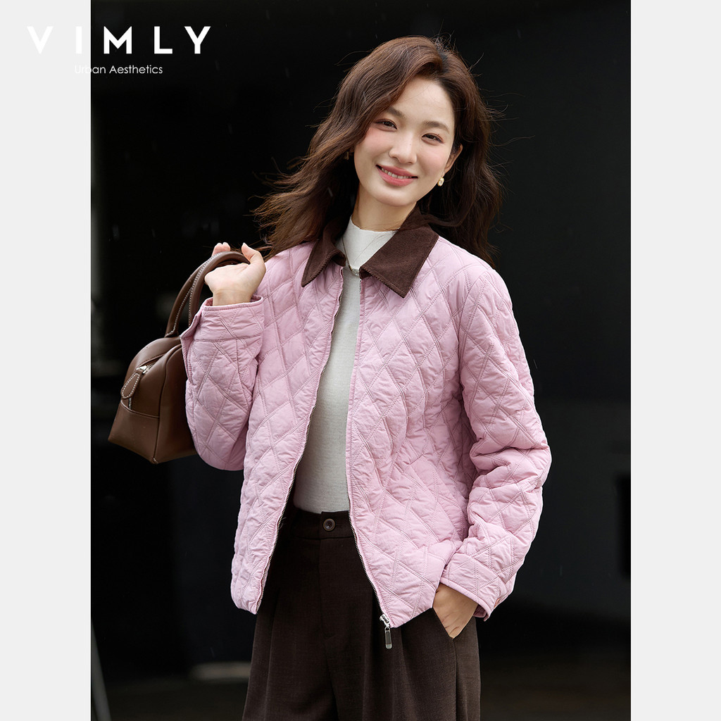 VIMLY Women's Quilted Puffer Jackets Vintage Winter Contrast Color Polo Neck Coat 2025 Zip Up