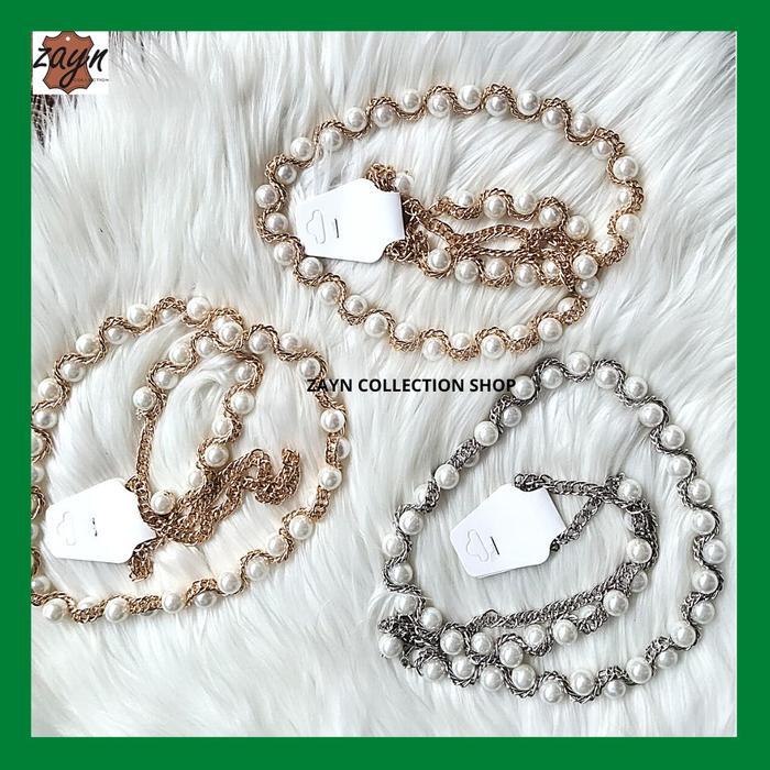 l419- Belt Rantai Mutiara Gold Gesper Fashion Wanita Silver Ikat Pinggang Gamis Rantai Model