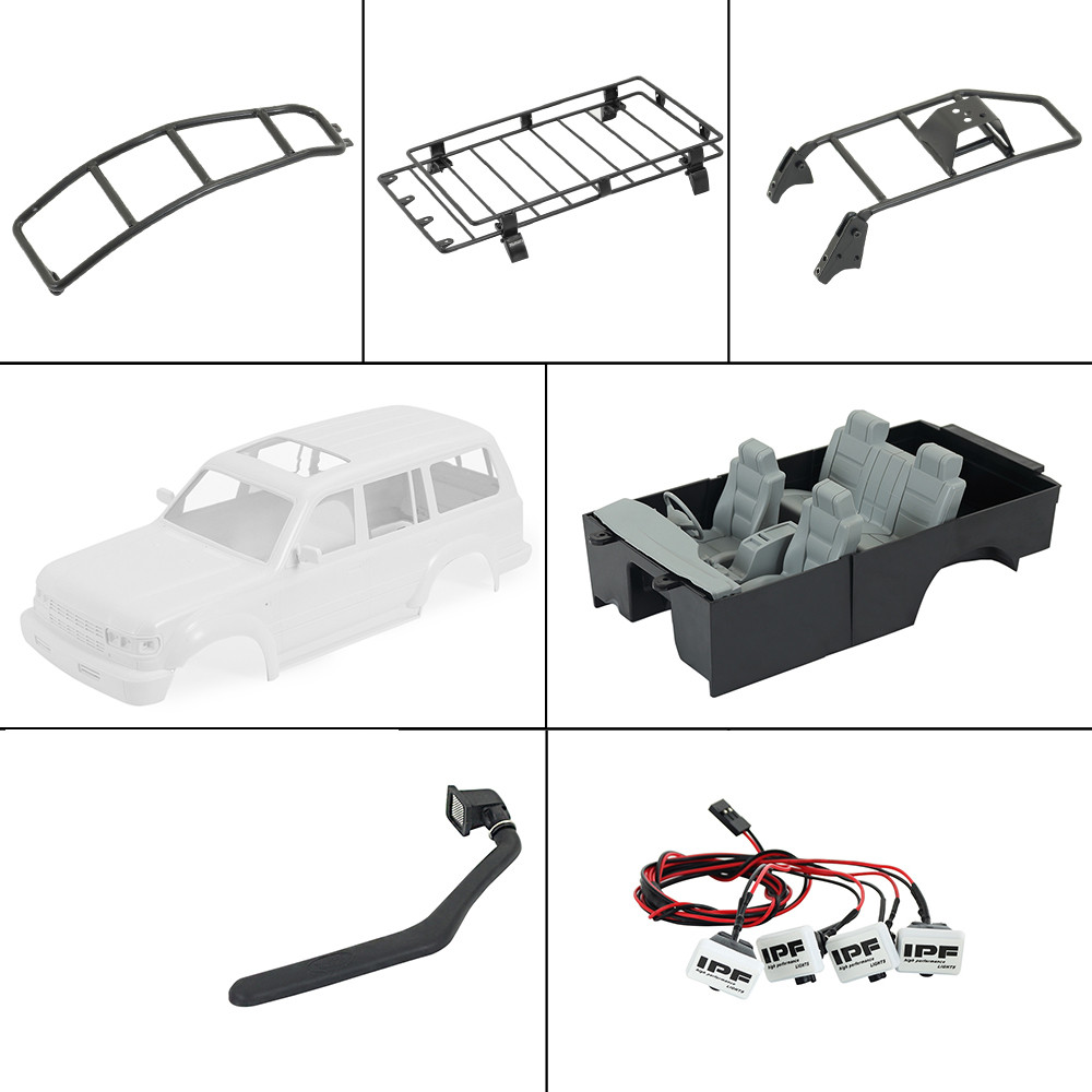 1/10 Scale LC80 Hard Body Mount Roof Rack Interior Tail Ladder Spare Wheel Carrier Snorkel LED Lamp 