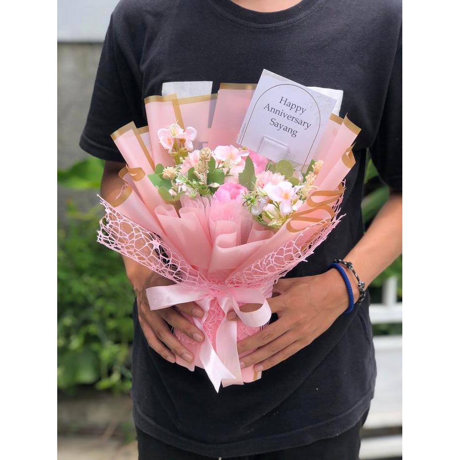 Buket Bunga Artifical Mini Ukuran 25X20Cm Murah - Bouquet Bunga Palsu Free Kartu Ucapan Original
