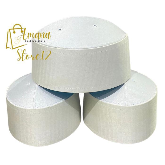 Peci Kopyah Haji Putih Kaku Fiber Motif / Peci Pria Asagofah Polos Motif Dewasa Kain