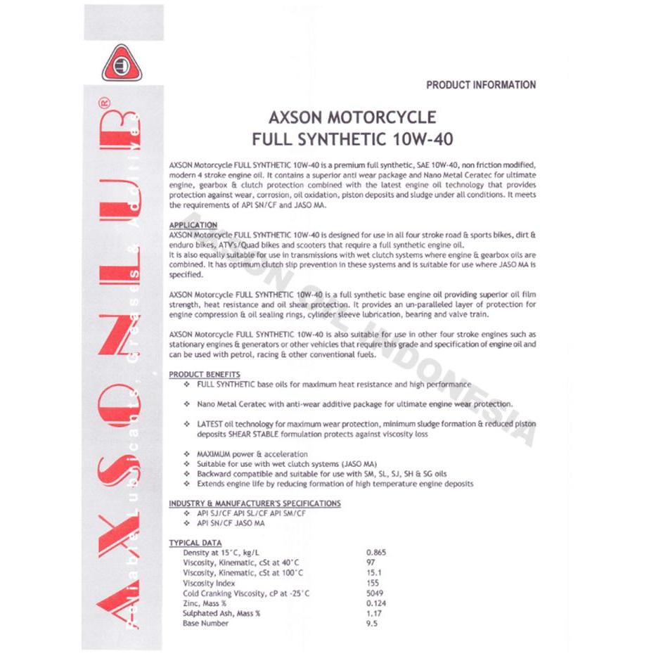 5h7n- Axson Fully Synthetic Motorcycle Oil 10W-40
