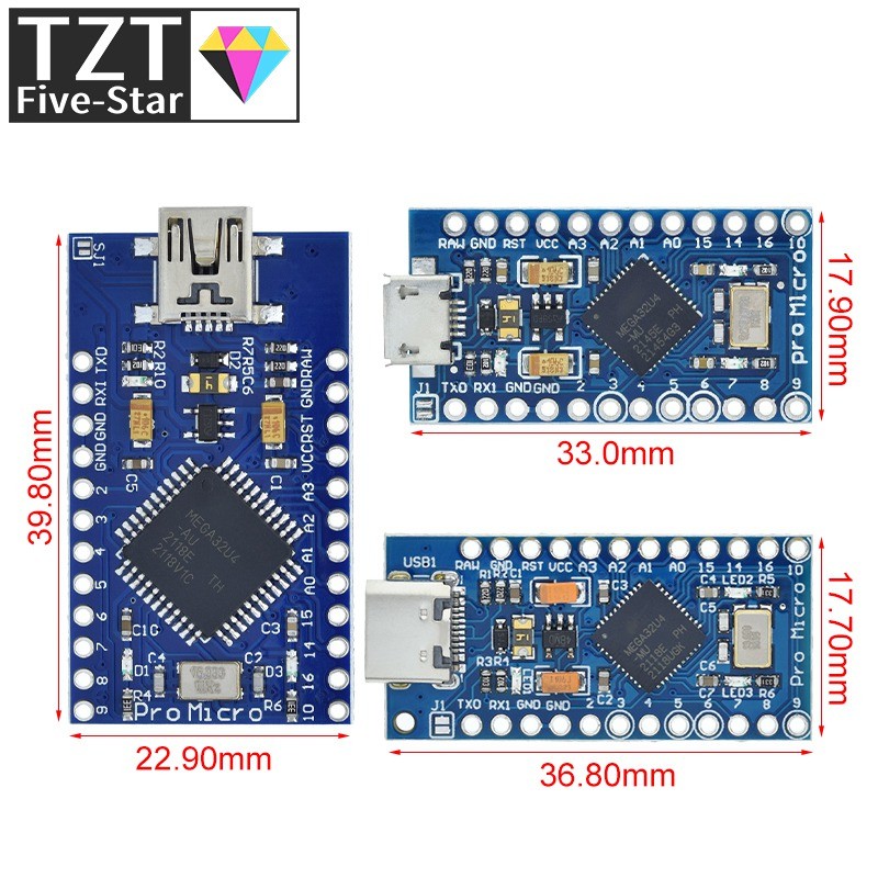 TZT Pro Micro ATmega32U4 5V 16MHz Replace ATmega328 For Arduino  Pro Mini With 2 Row Pin Header For 