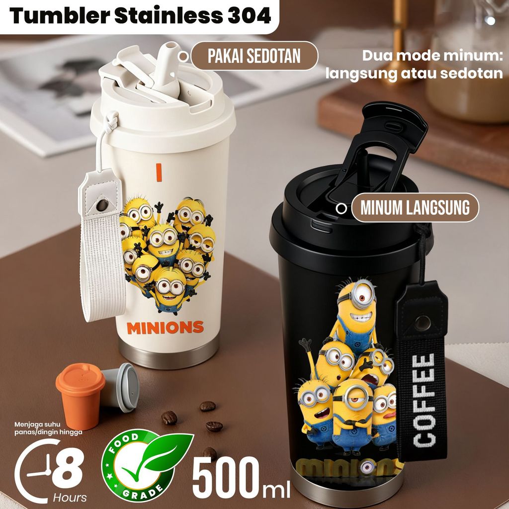 Tumbler Stainless 304 Lucu Minion Tema 500ml, Botol Minum dengan 2 Mode Penggunaan: Sedotan & Langsu