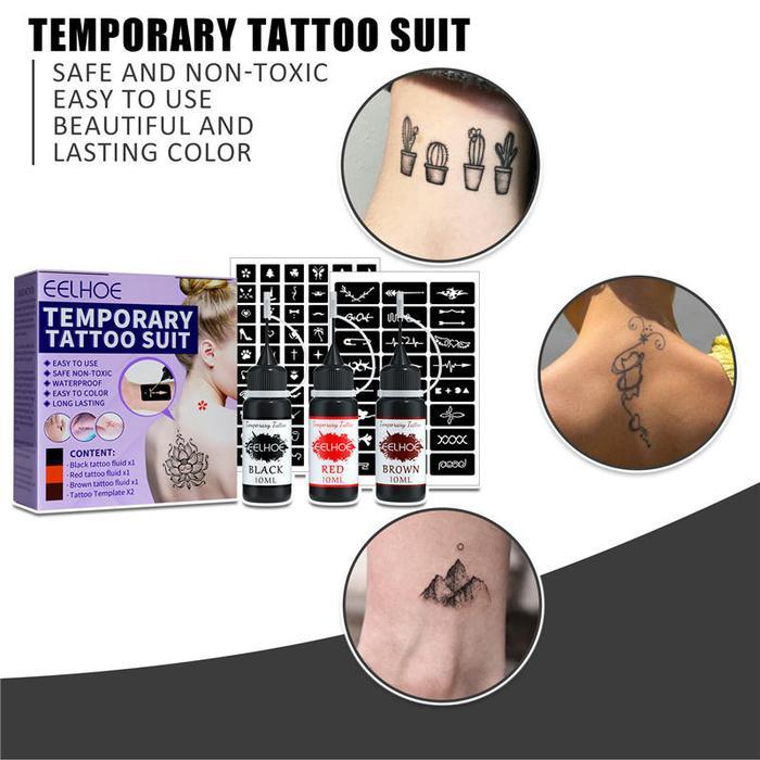 Paket Tattoo Sementara Tinta Merah, Coklat, Dan Hitam + 84 Cetakan Gambar Tatto Tanpa Jarum Tahan