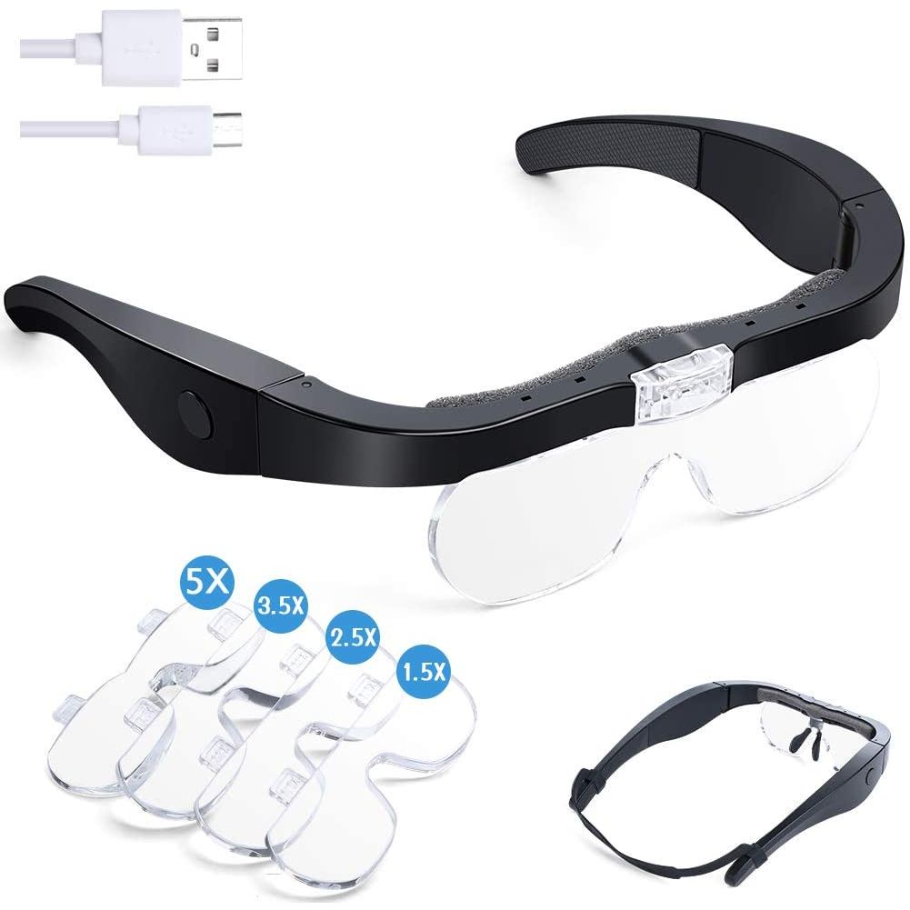 Rechargeable Head Magnifier Glasses Magnifier with Detachable Lenses 1.5X, 2.5X, 3.5X, 5X for