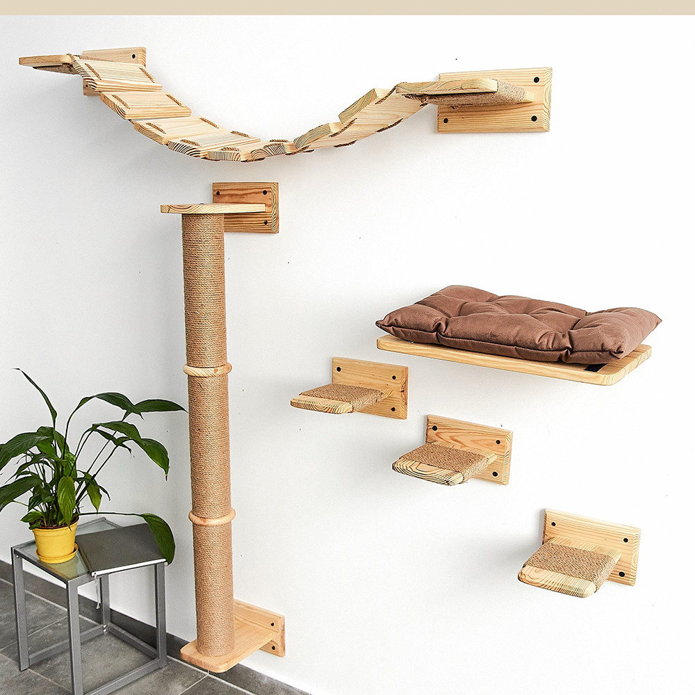 Cat Tree Wall Mounted Cat Climbing Wood Shelves Cat Jumping Platform or Hammock with Stairway for