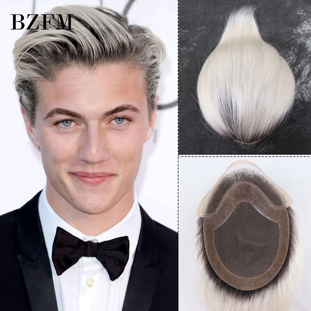 White Dark Roots Human Hair Men Toupee Mono Lace PU Base Toupee For Men 6 Inch Short Straight Hair
