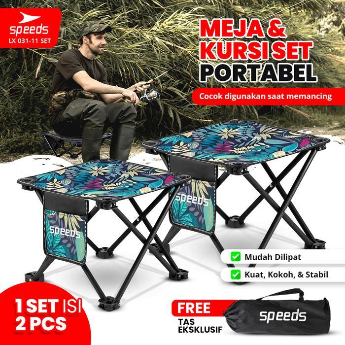 Promo SPEEDS Meja Kursi Lipat Outdoor Kursi Camping Kursi Tanpa Sandaran Portable 031-11 Set Biru