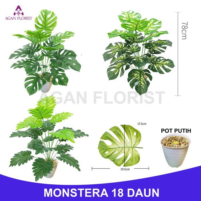 Tanaman Hias Daun Monstera Janda Bolong Artificial Plastik Palsu Dengan Pot 18 Cabang Bunga Dekorasi