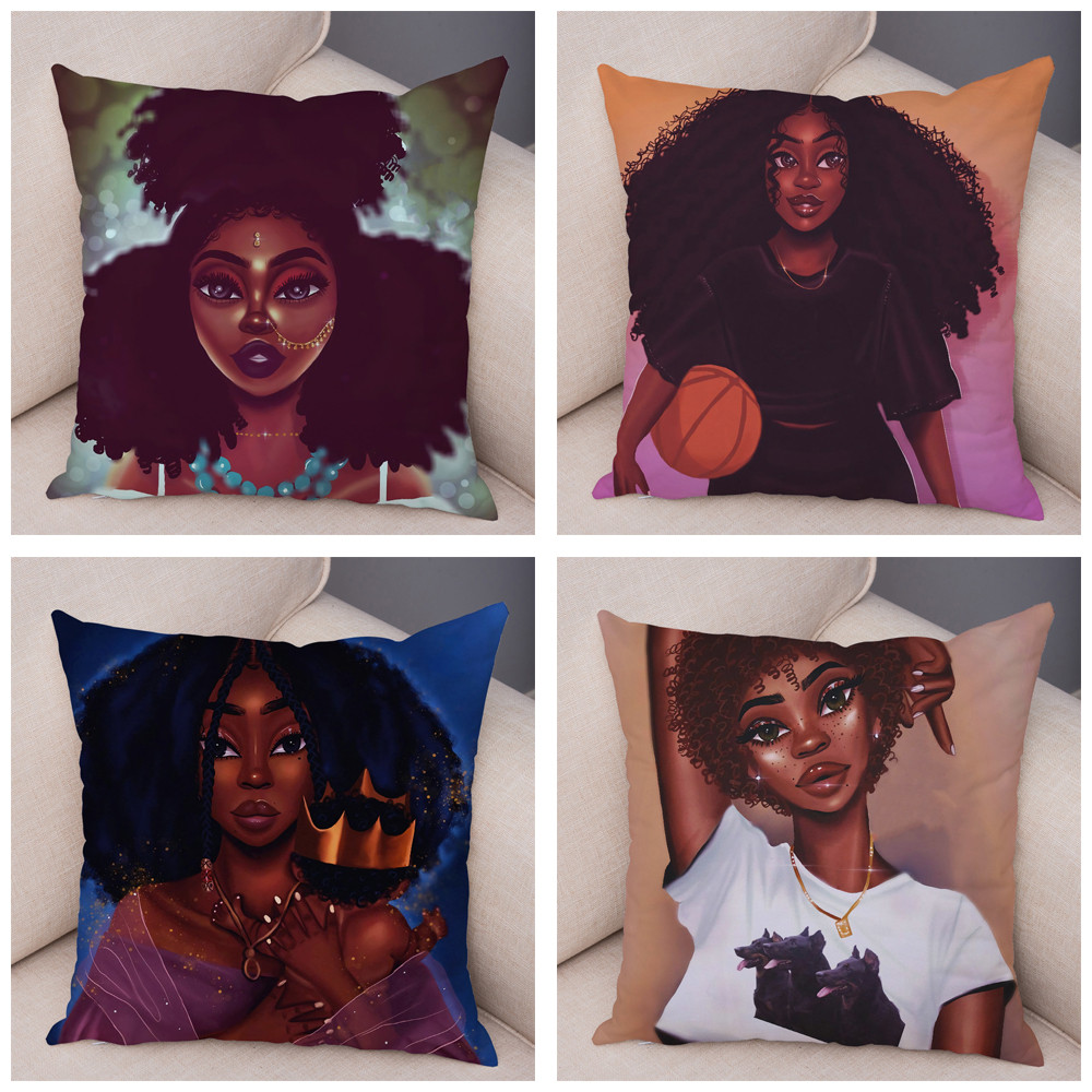 Beautiful Colorful Black Women Cartoon Africa Girl Pillow Case Short Plush Cushion Cover for Sofa Ca