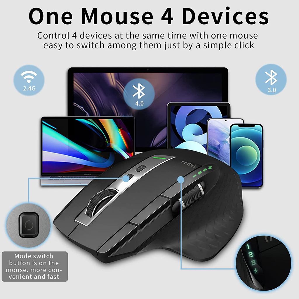 Rapoo MT750 Multi-mode Rechargeable Wireless Mouse Ergonomic 3200 DPI Bluetooth Mouse Easy-Switch Up