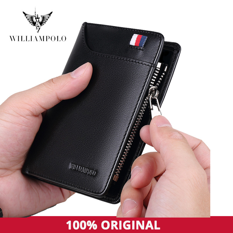 WILLIAMPOLO Coin Purses Genuine Leather Men Wallet With Card Holder Short Purse Zipper Wallets