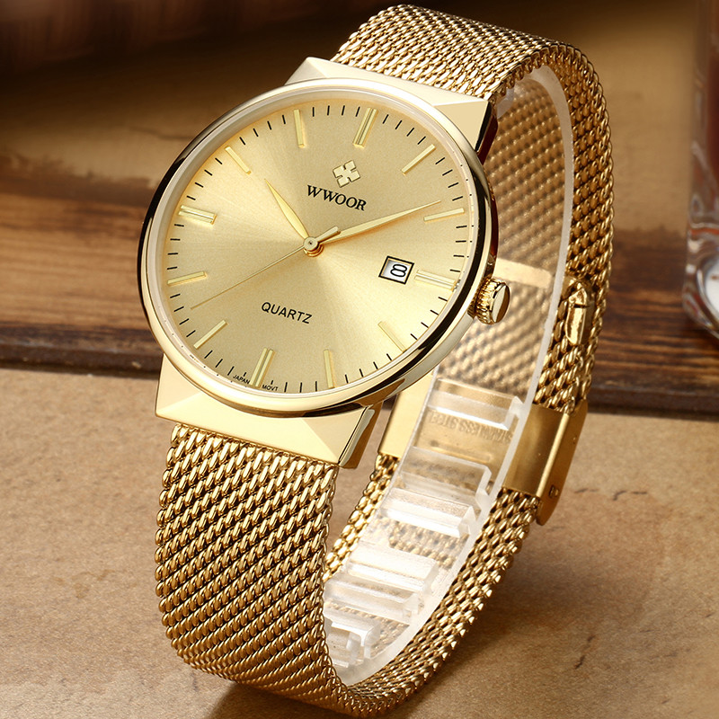 WWOOR Men Simple Slim Watches Luxury Brand Gold Steel Mesh Ultra Thin Waterproof Date Wrist Watch