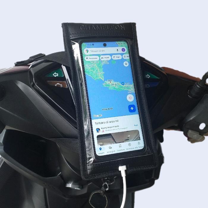 New HOLDER HP MOTOR WATERPROOF SUPPORT LUBANG CHARGER Handphone Hitam Smartphone