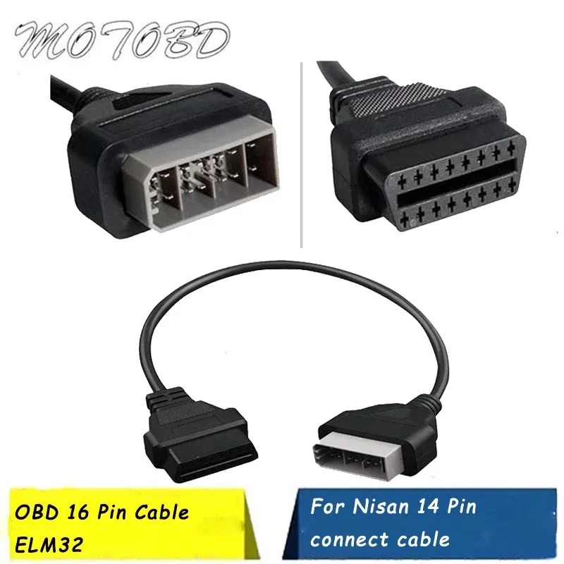 For Nissan 14 Pin To 16Pin Cable Obd Ii Diagnostic Interface 14Pin To Obd2 16 Pin Adapter Works For