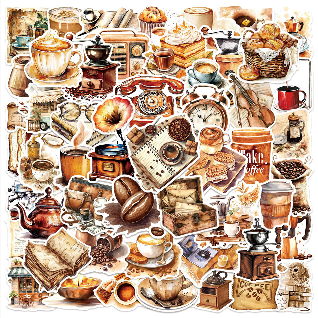 50Pcs Retro Coffee Series Sticker Pack Decals For Phone Laptop Suitcase Notebook Skateboard