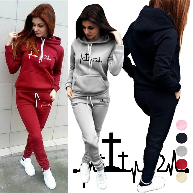 Cross Heartbeat Line Women's Sportswear Set Autumn Hoodie Sweatshirt Two-Piece Set Casual Hoodie